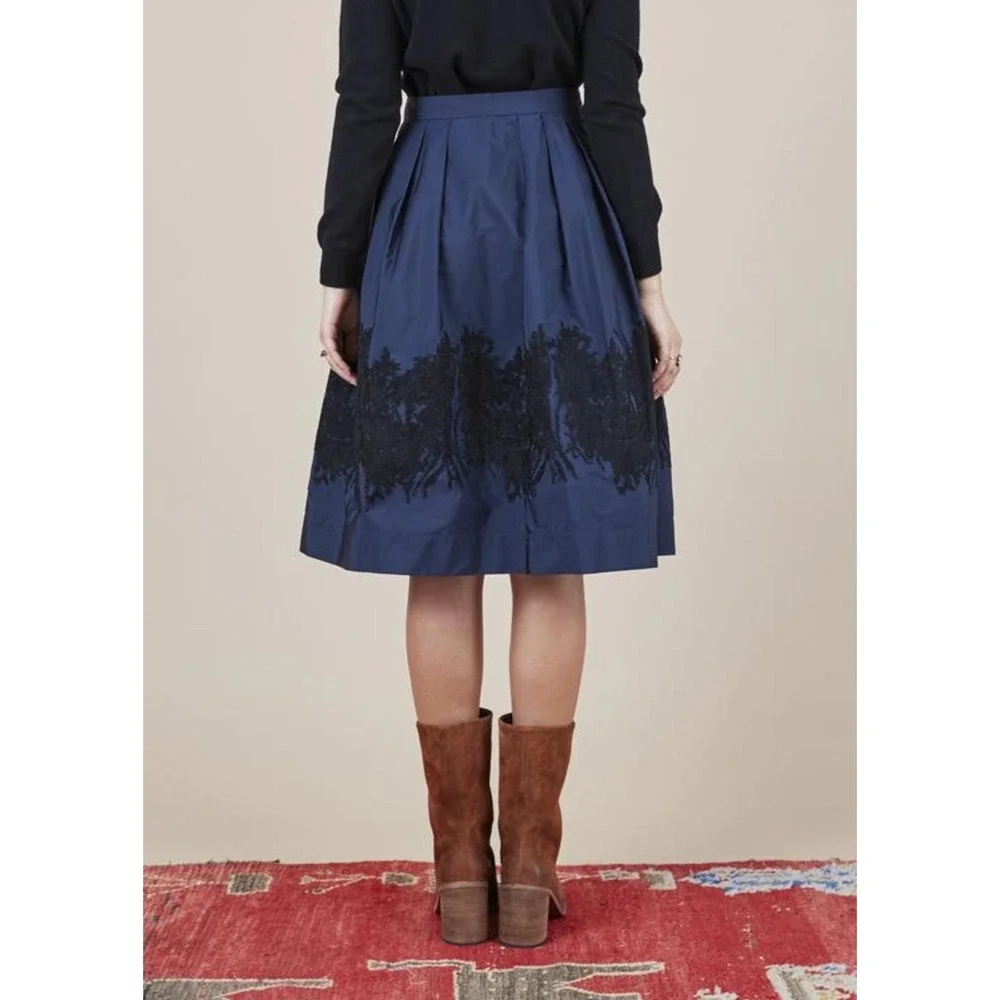 Sara Roka Skirt Womens 42 Navy Black‎ Enny Embroidered Midi Made Italy Pockets